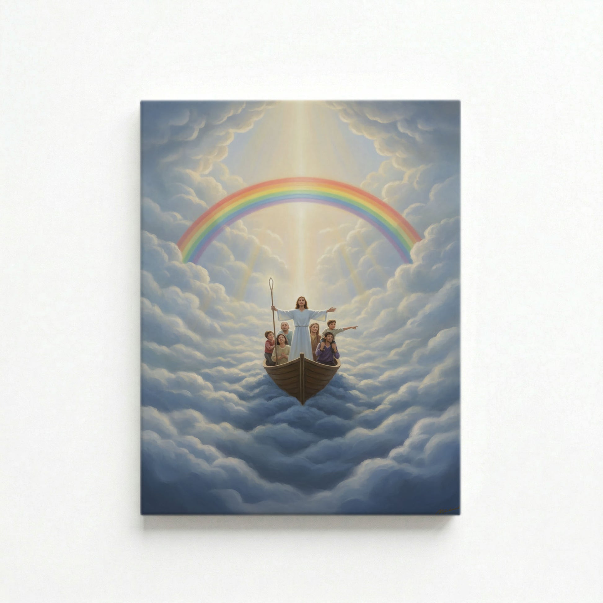 Gallery-wrapped canvas of Jesus leading a family in a wooden boat above billowing clouds with a full rainbow and divine light