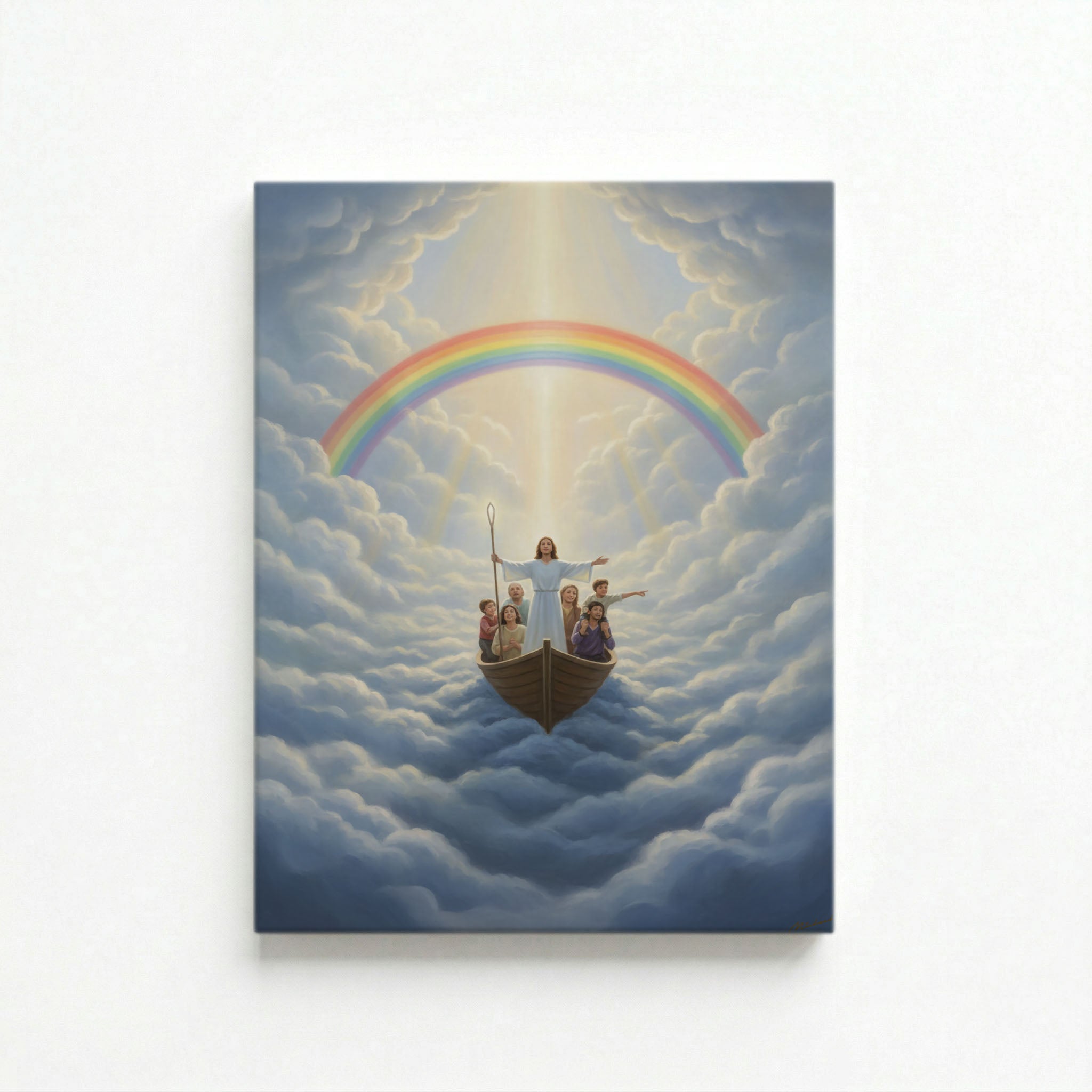 Gallery-wrapped canvas of Jesus leading a family in a wooden boat above billowing clouds with a full rainbow and divine light