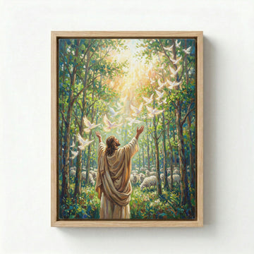 Gallery-wrapped canvas in natural wood floating frame with Jesus raising arms releasing white doves in sunlit forest