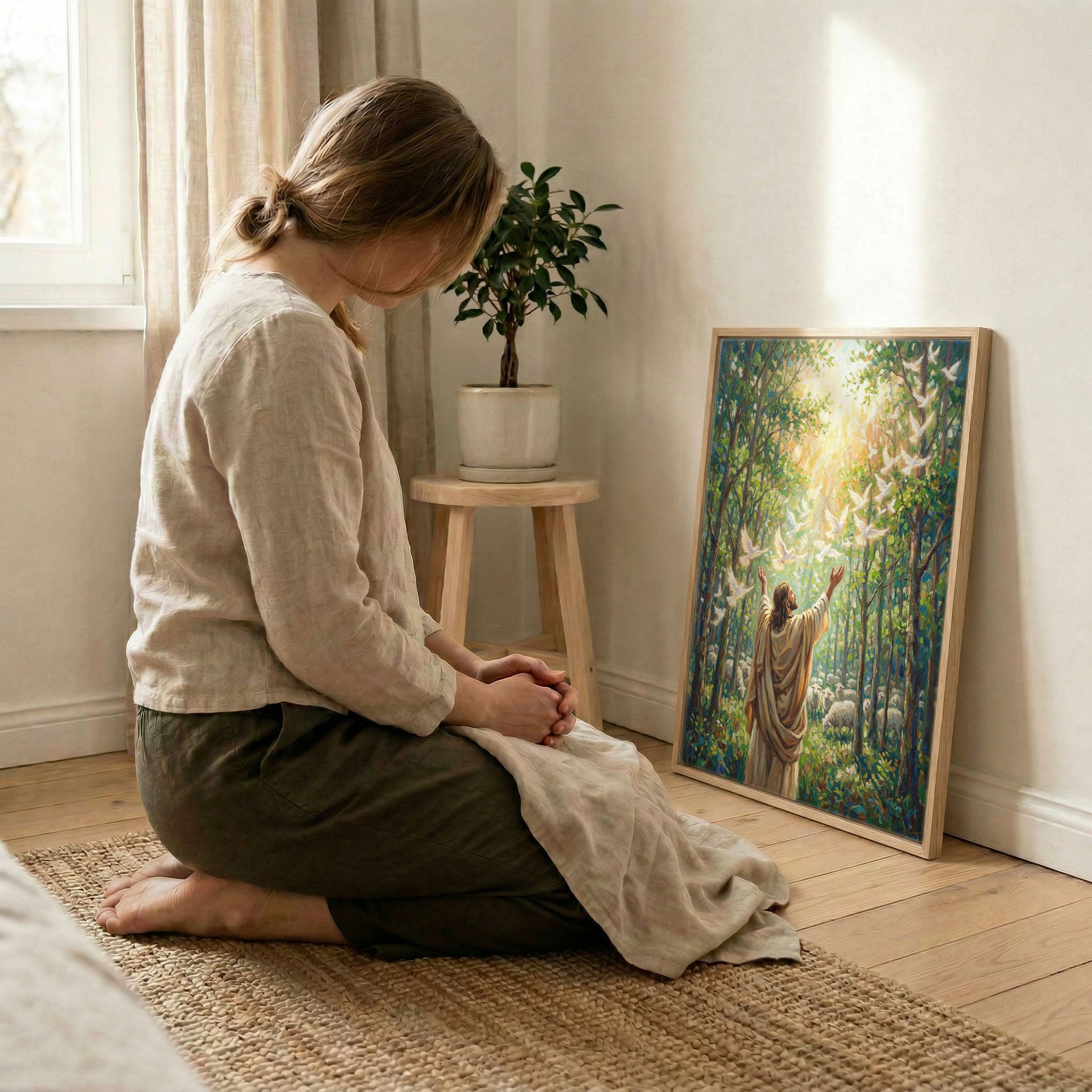 Woman kneeling in prayer beside Jesus releasing doves Holy Spirit canvas print in wood frame, soft indoor natural light