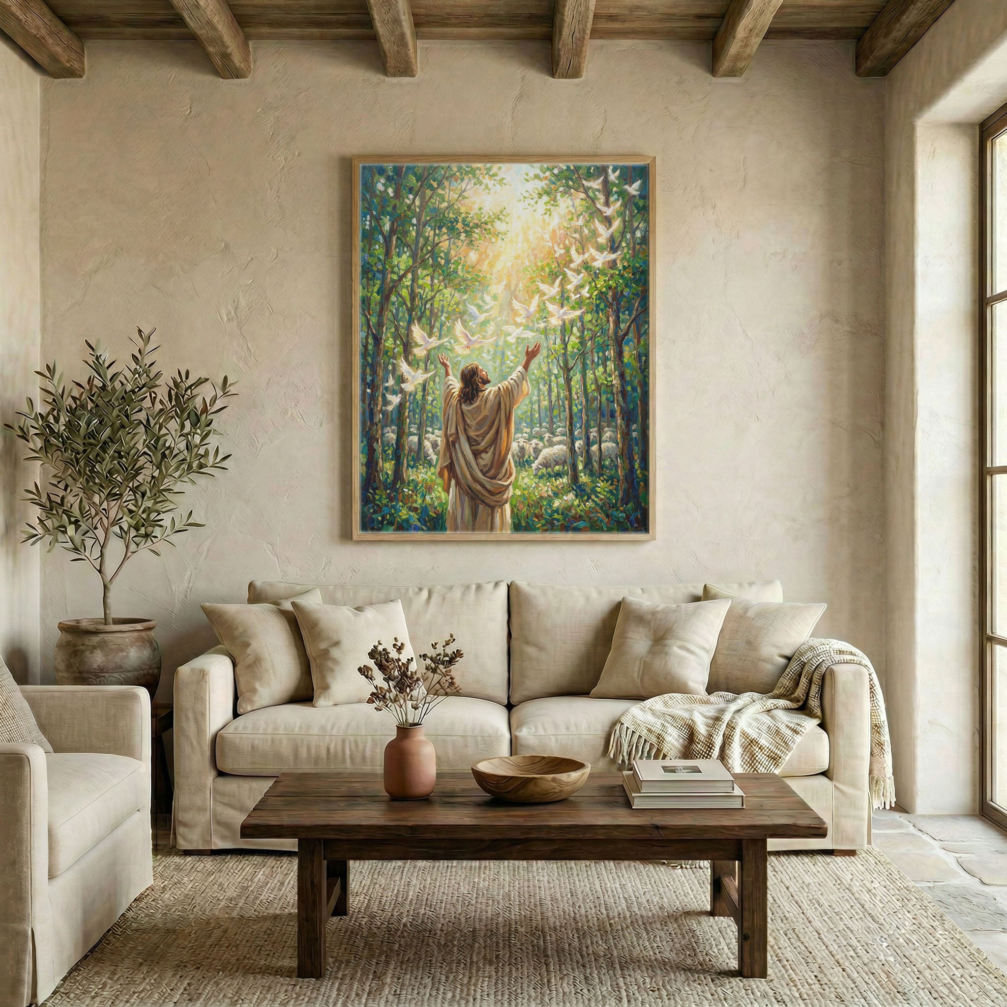 Large Jesus releasing doves Holy Spirit canvas in wood frame above linen sofa in warm neutral living room