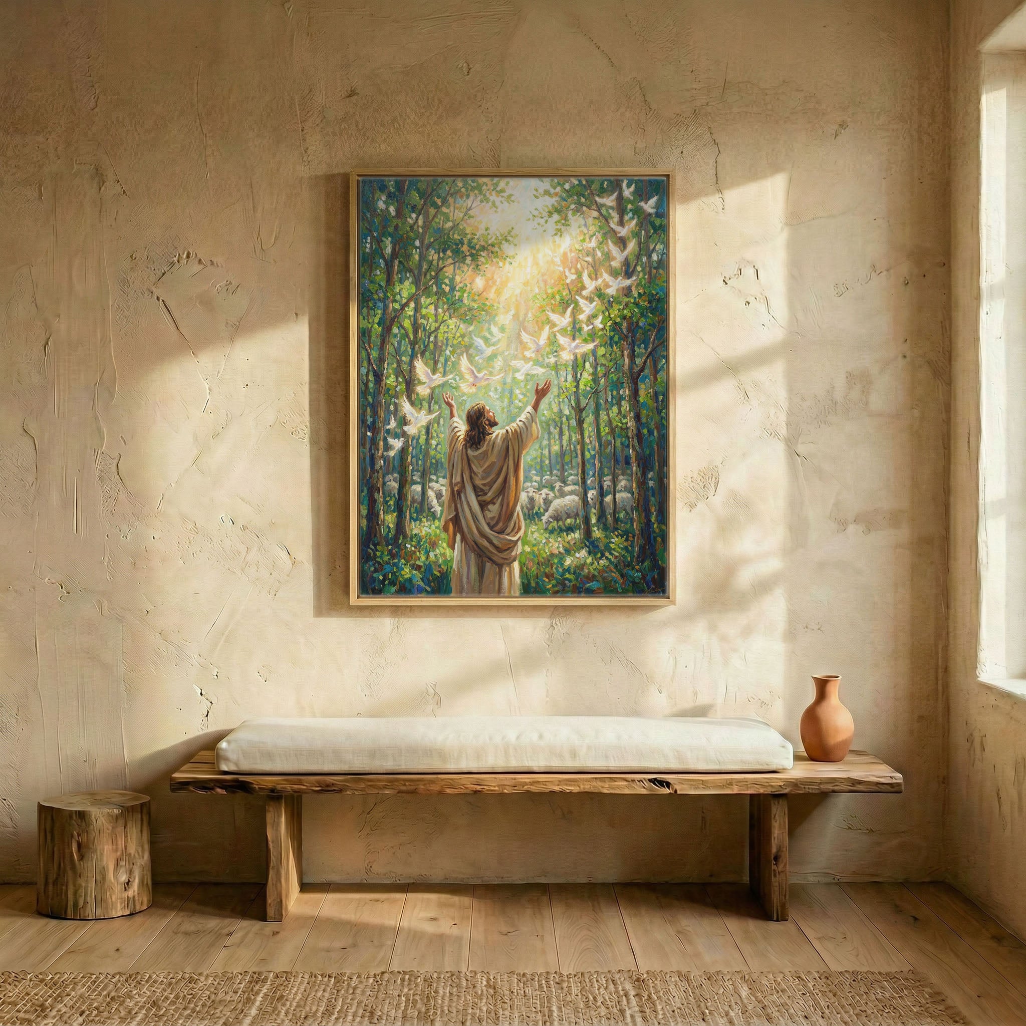 Jesus releasing white doves canvas print in wood frame above rustic wooden bench in sunlit minimalist entryway