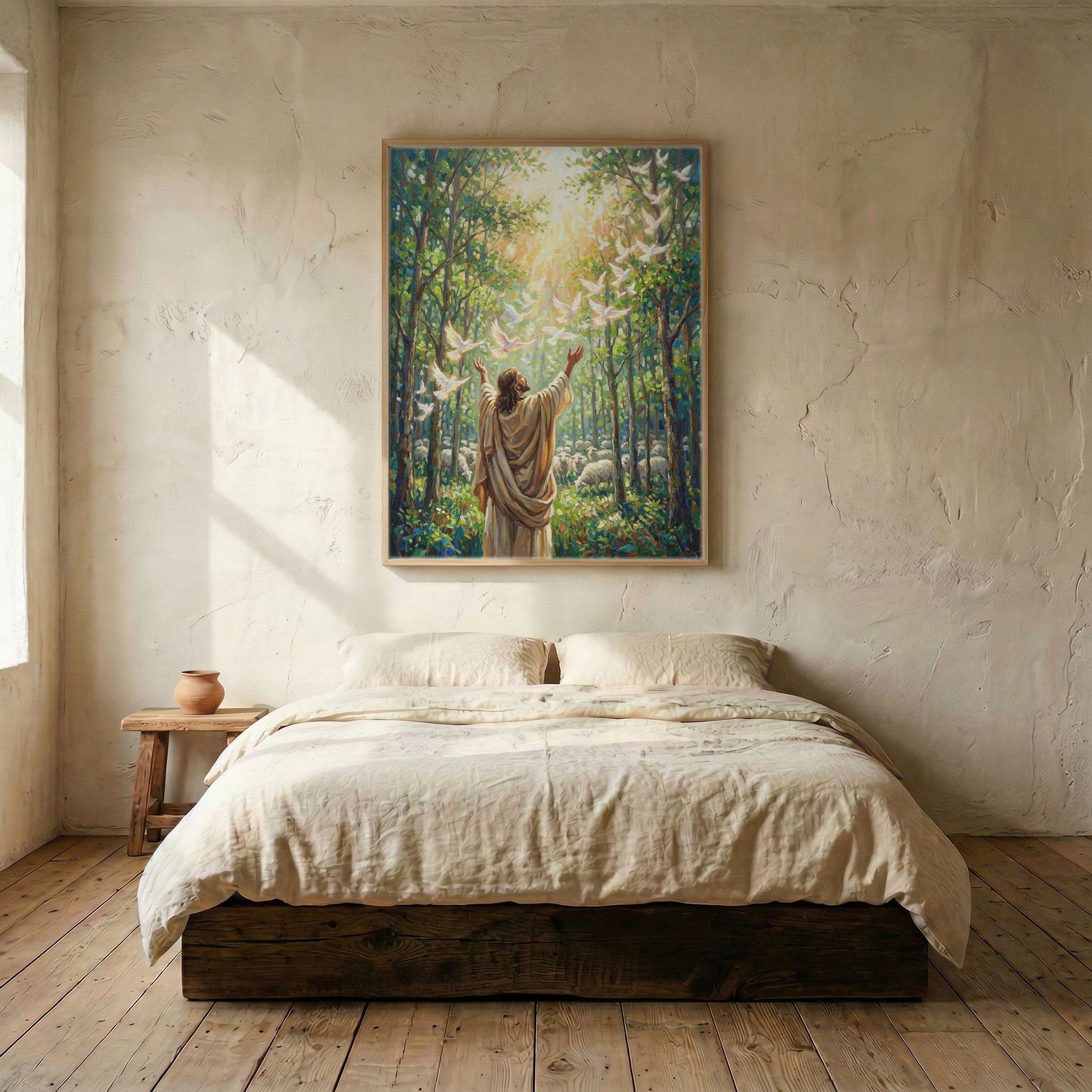 Jesus Holy Spirit doves canvas print in wood frame mounted above linen platform bed in serene neutral bedroom