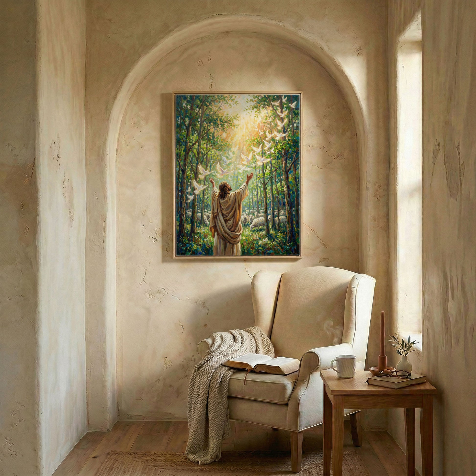 Jesus releasing doves canvas in wood frame in arched alcove above wingback chair with open Bible and candle