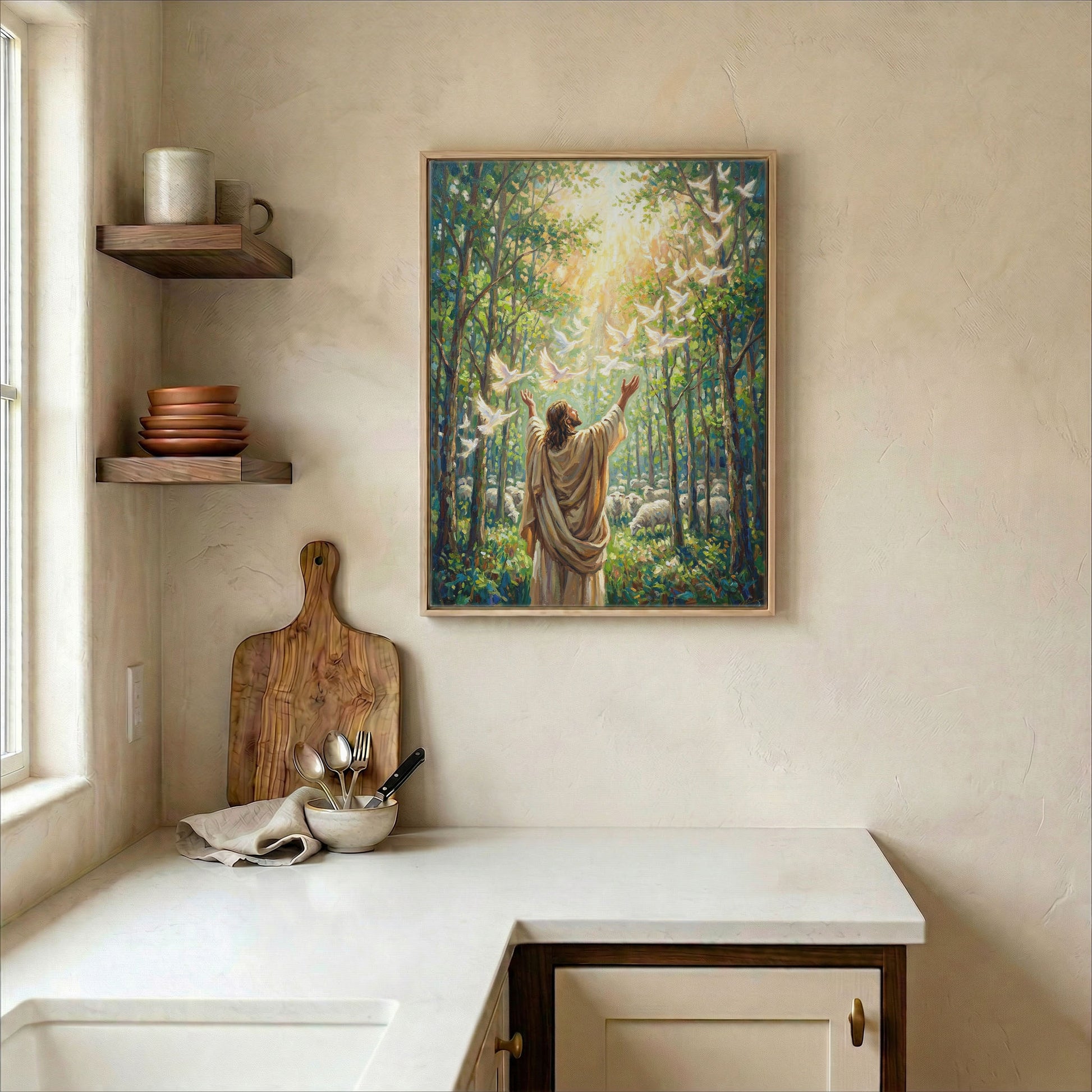 Jesus and white doves Holy Spirit oil painting canvas in wood frame on kitchen wall in farmhouse setting