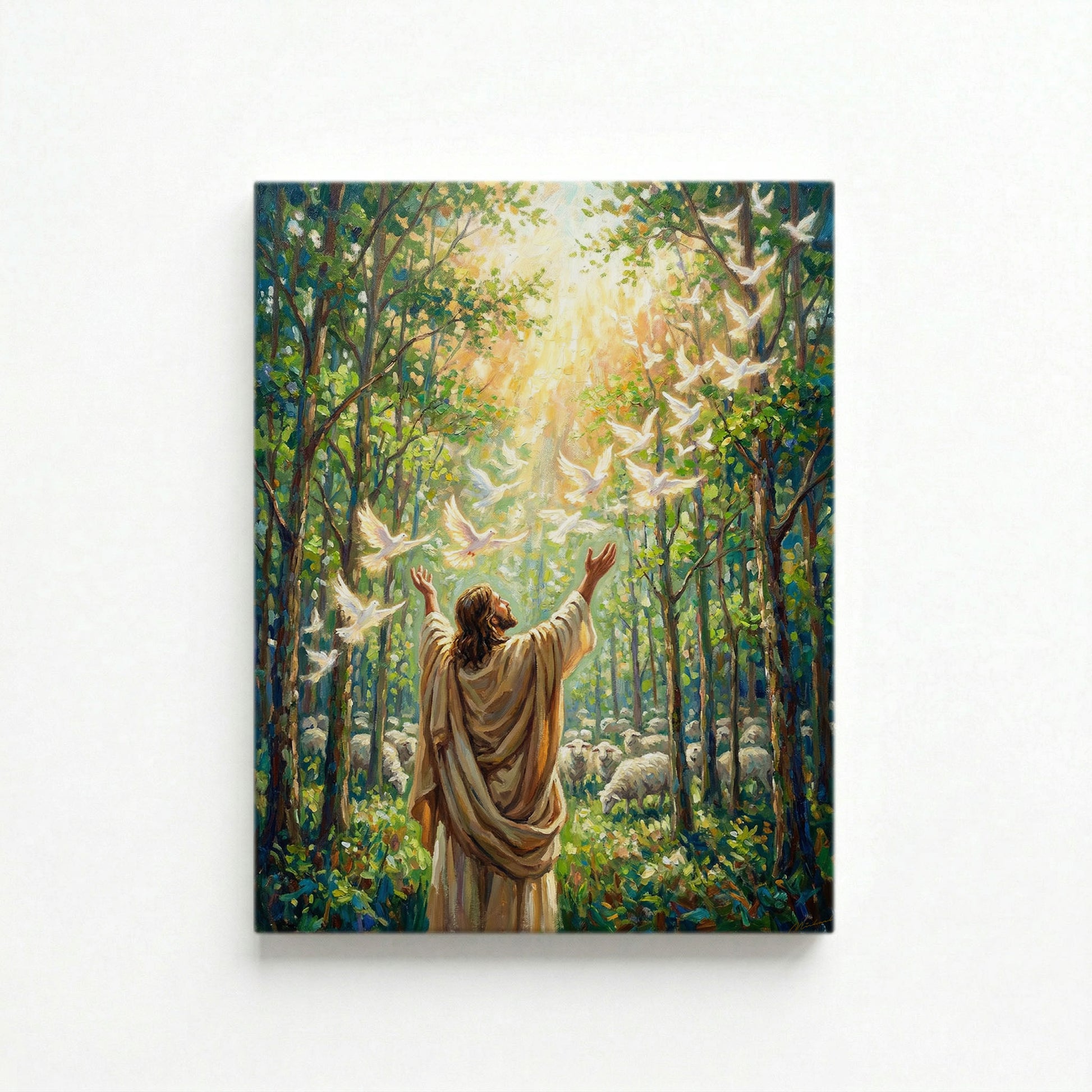 Gallery-wrapped canvas of Jesus with arms raised releasing white doves in sunlit forest, oil painting style