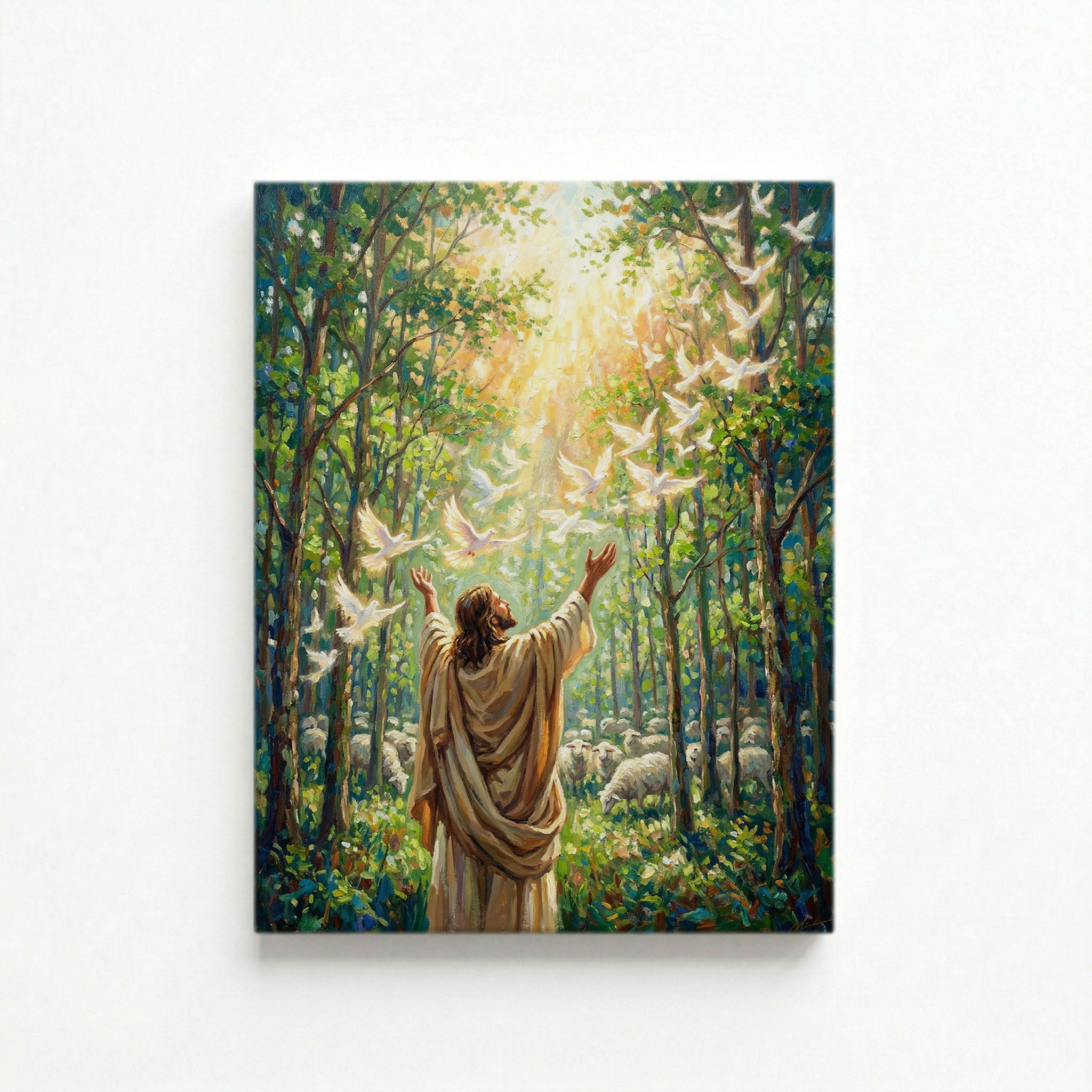 Gallery-wrapped canvas of Jesus with arms raised releasing white doves in sunlit forest, oil painting style