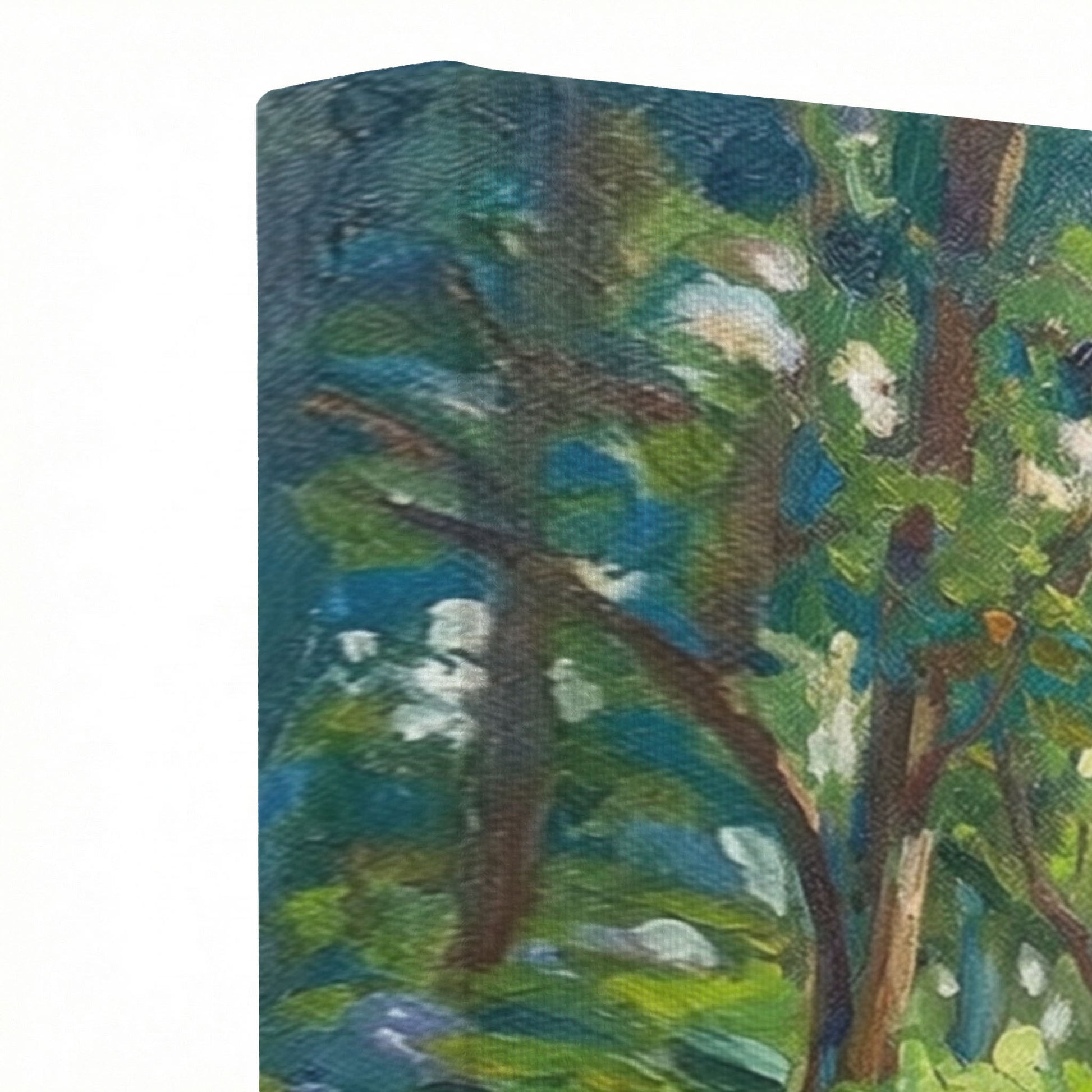 Close-up of gallery-wrapped canvas corner showing textured deep green and teal forest brushstroke surface