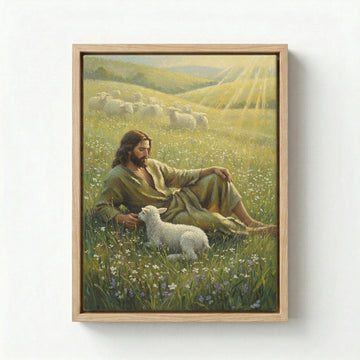 Gallery-wrapped canvas in natural wood floating frame with Jesus resting in wildflower meadow beside a white lamb