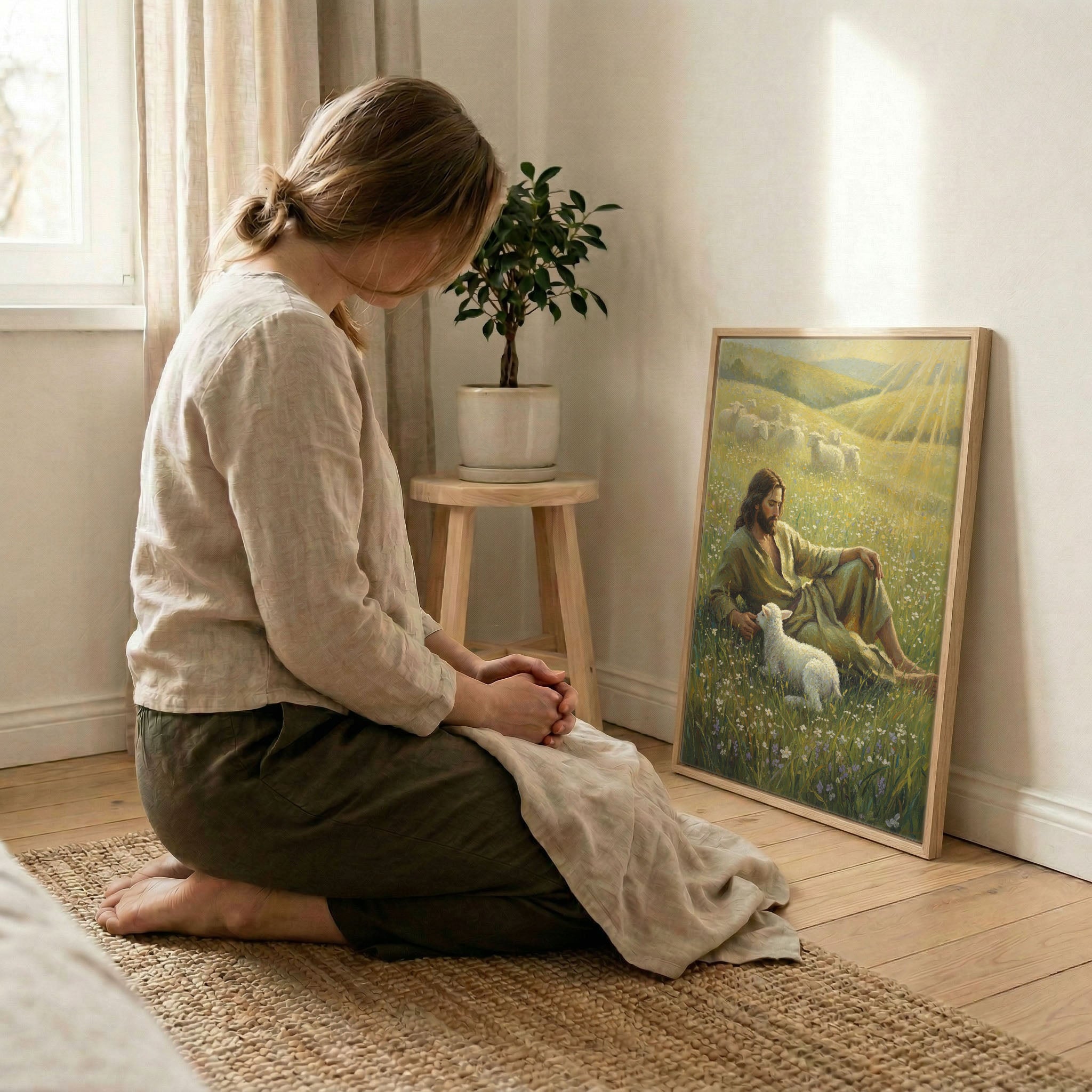 Woman kneeling in prayer beside Jesus Good Shepherd and lamb canvas print in wood frame, soft indoor natural light