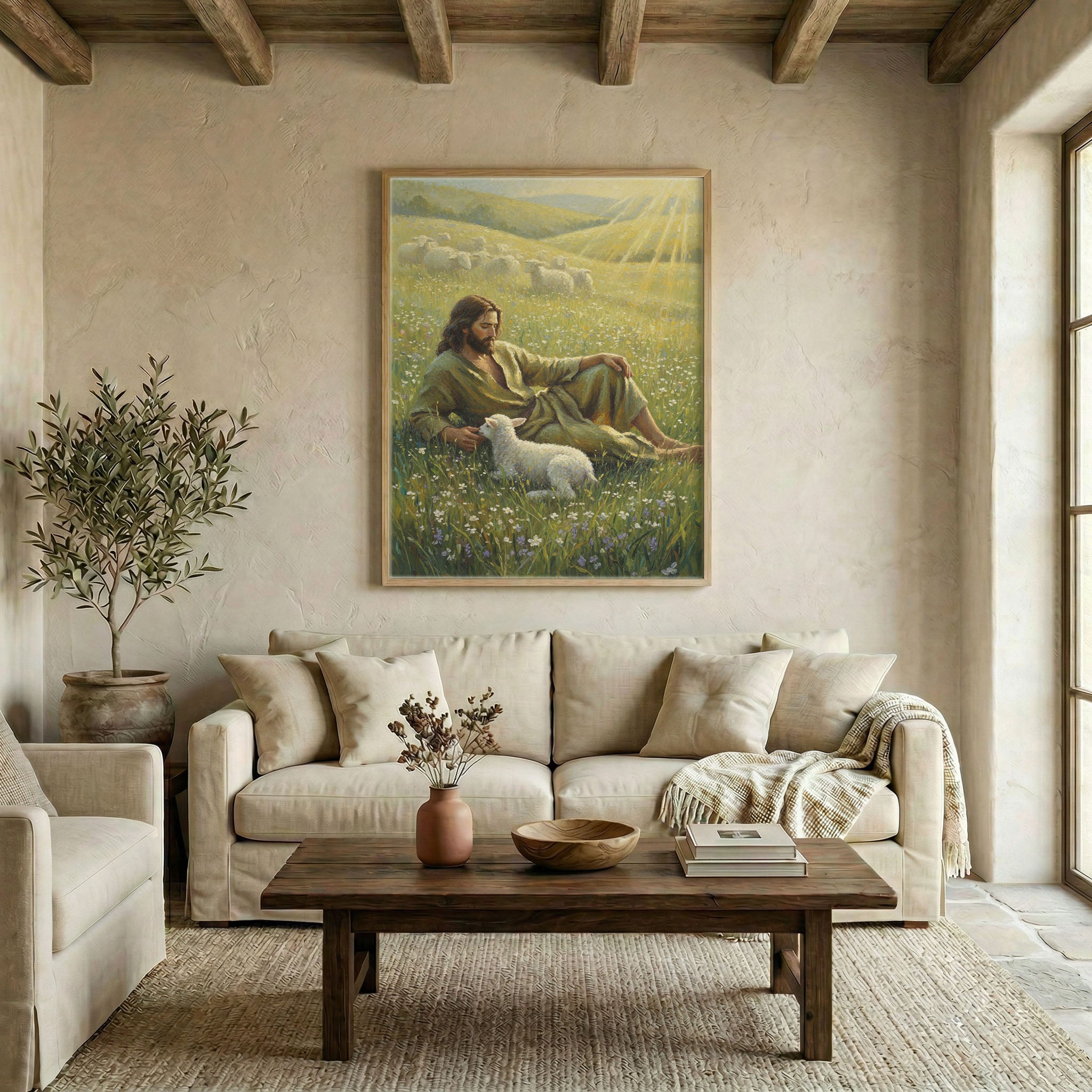 Large Jesus Good Shepherd canvas in wood frame above linen sofa in warm neutral living room with exposed wood beams