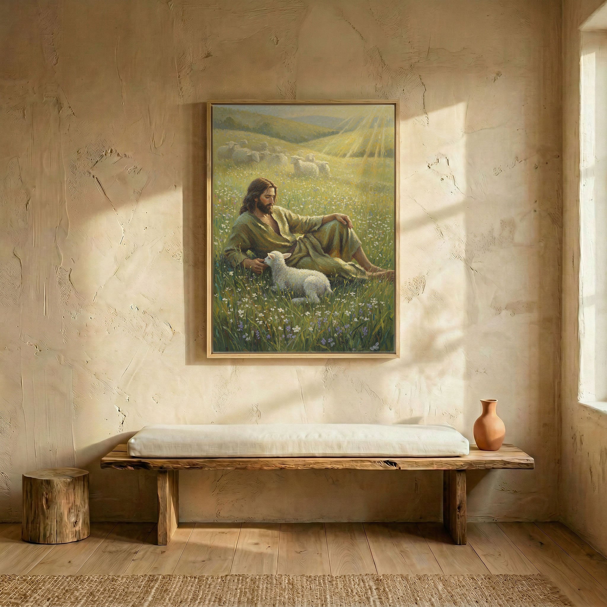 Jesus resting with lamb in sunlit meadow canvas print in wood frame above rustic wooden bench in sunlit entryway