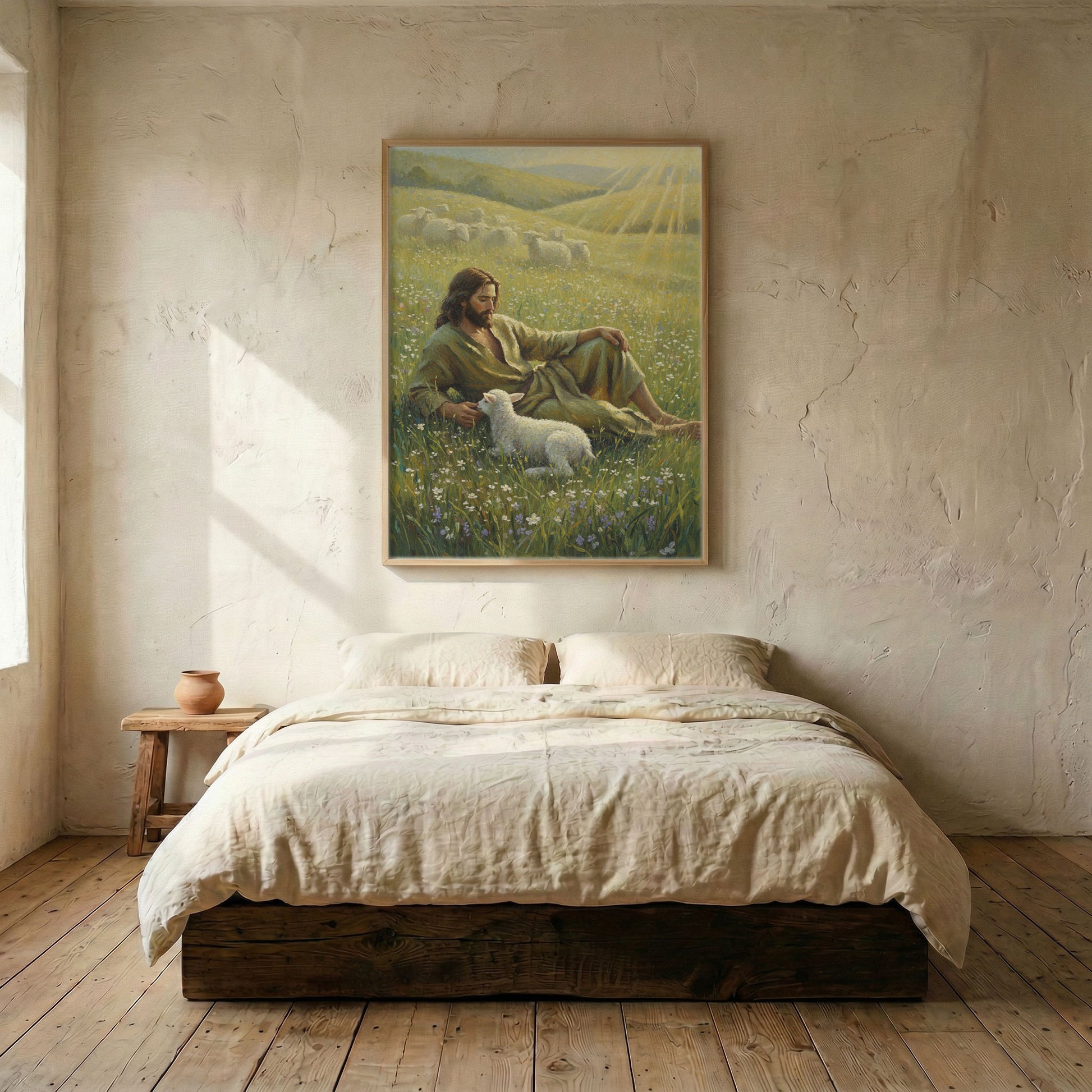 Jesus Good Shepherd and lamb oil painting canvas in wood frame mounted above linen platform bed in serene bedroom