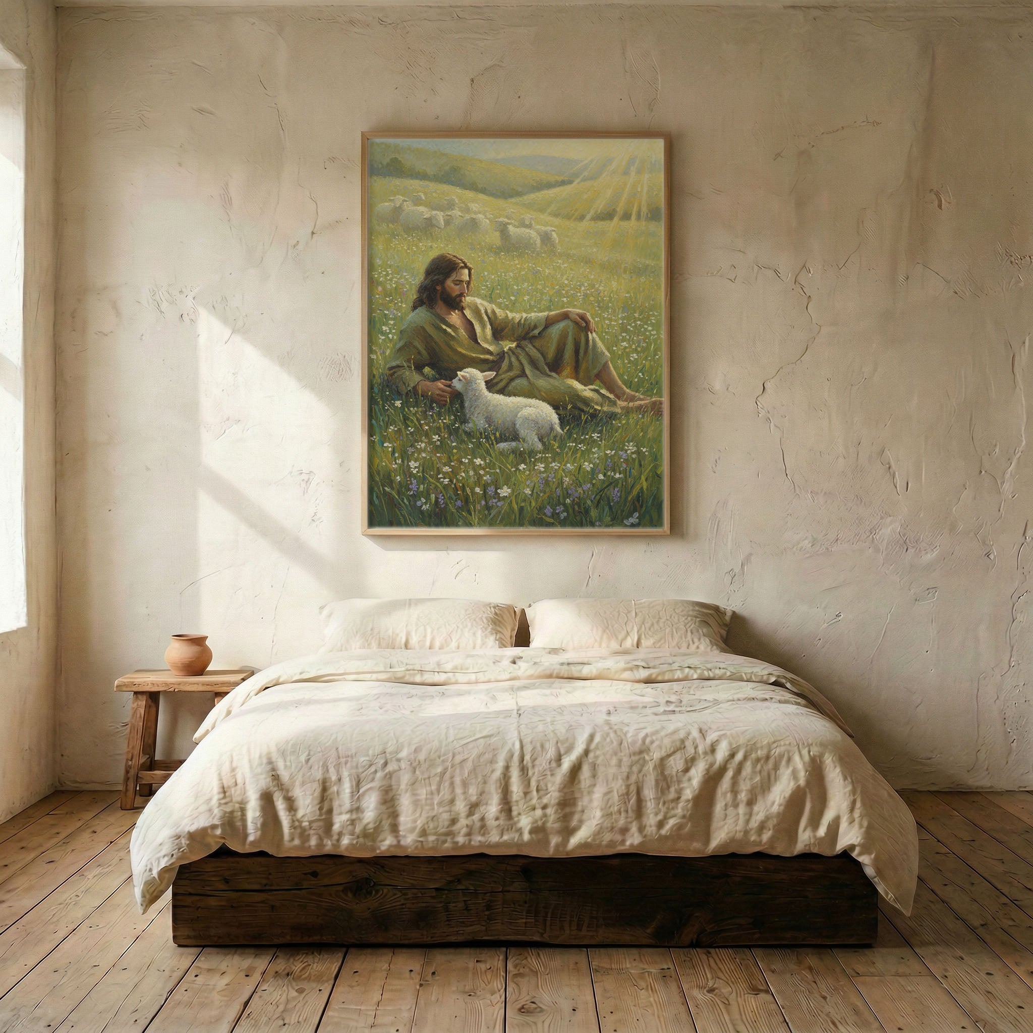Jesus Good Shepherd and lamb oil painting canvas in wood frame mounted above linen platform bed in serene bedroom
