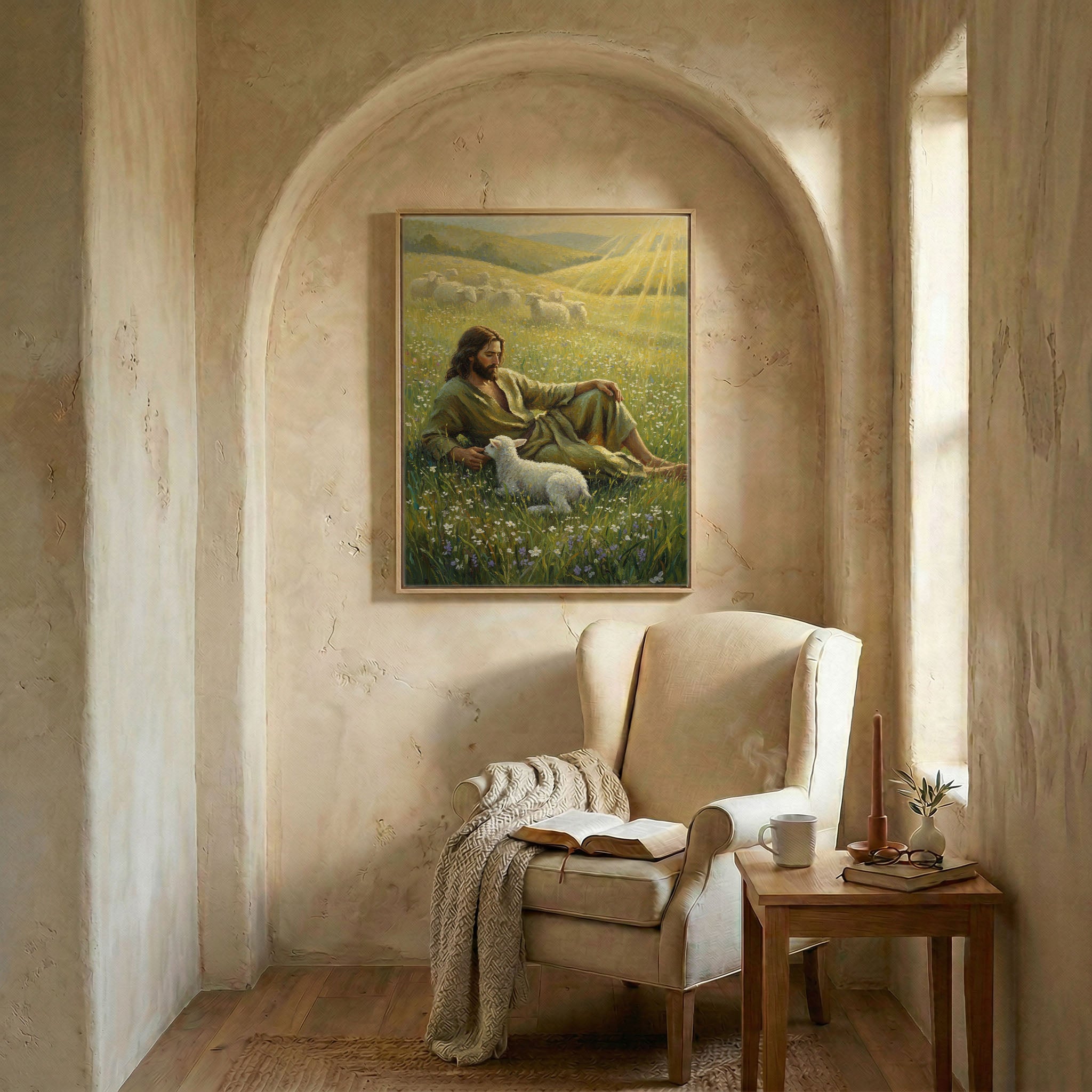 Jesus with lamb religious canvas print in wood frame displayed in arched alcove above wingback chair with open Bible