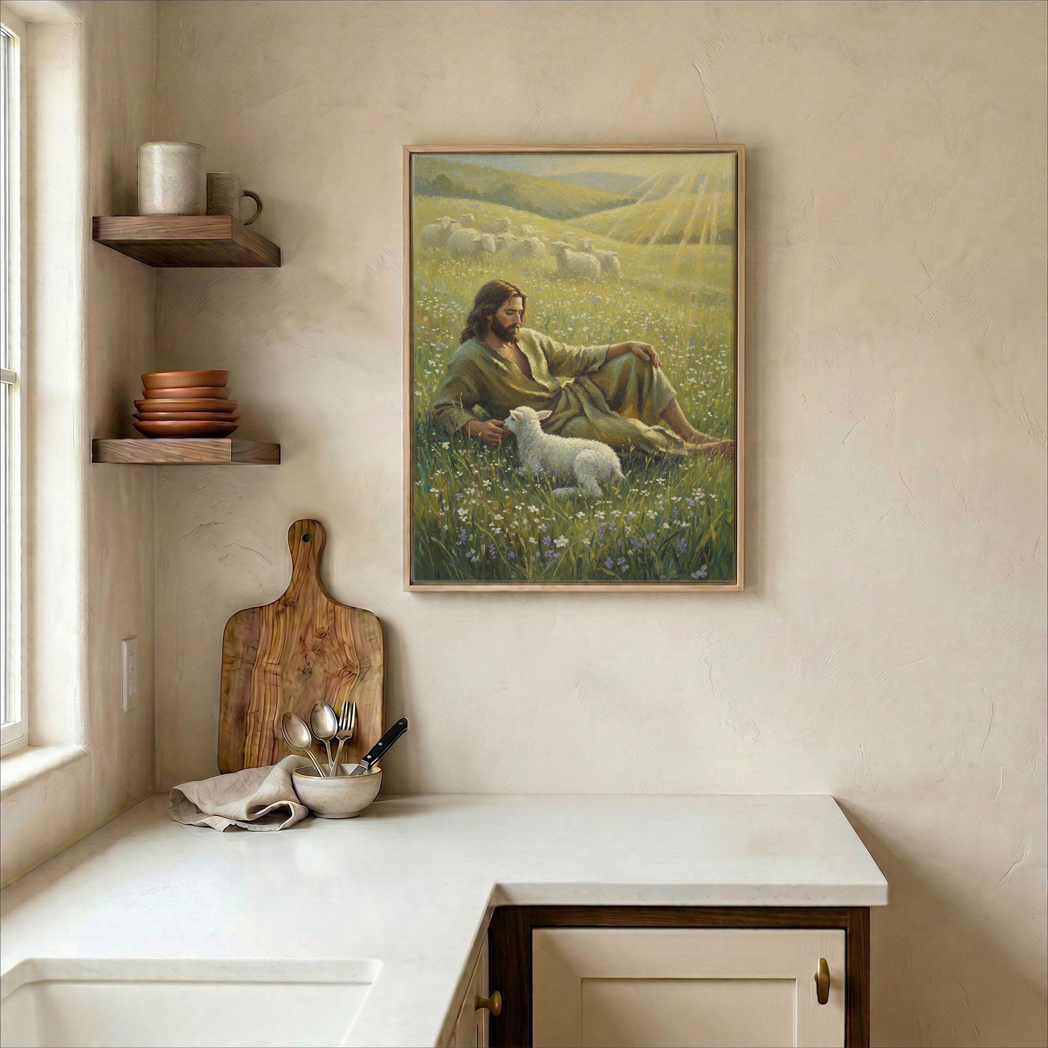 Jesus Good Shepherd and lamb canvas wall art in wood frame on kitchen wall in warm neutral farmhouse setting