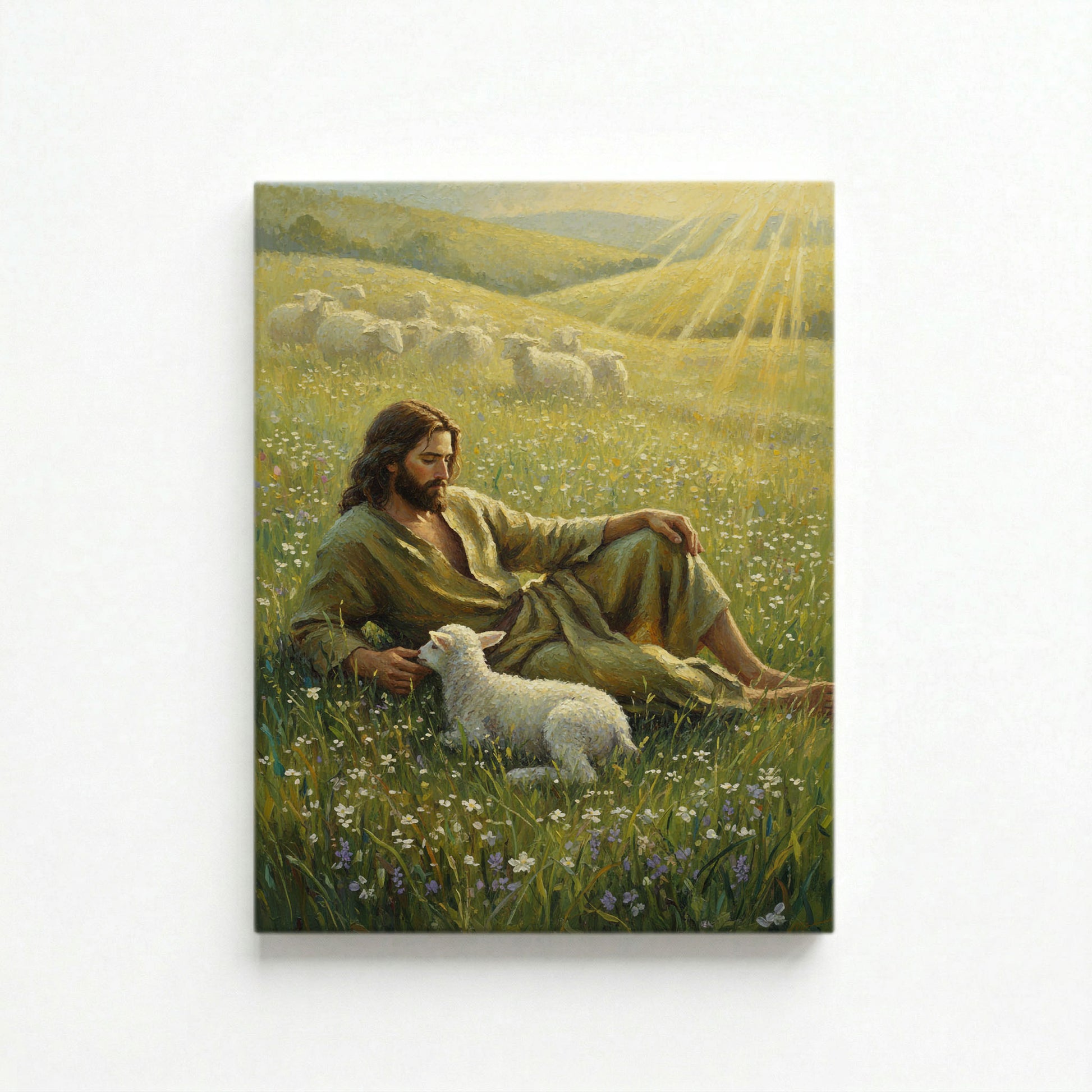 Gallery-wrapped canvas of Jesus resting in wildflower meadow with white lamb and flock, sunlit oil painting style
