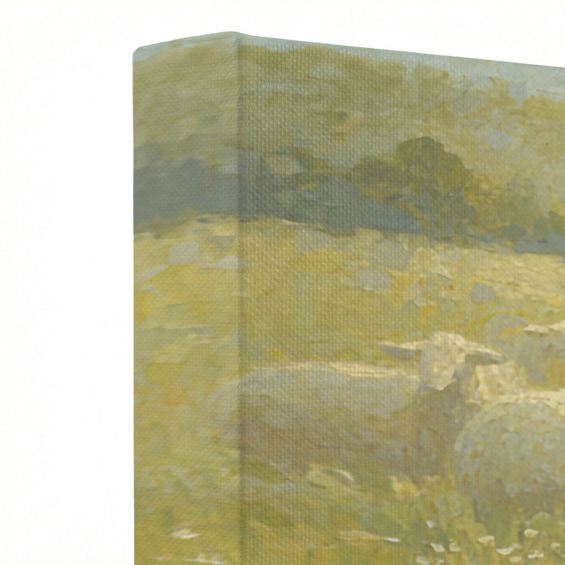 Close-up of gallery-wrapped canvas corner showing textured olive green and golden yellow meadow brushstroke detail