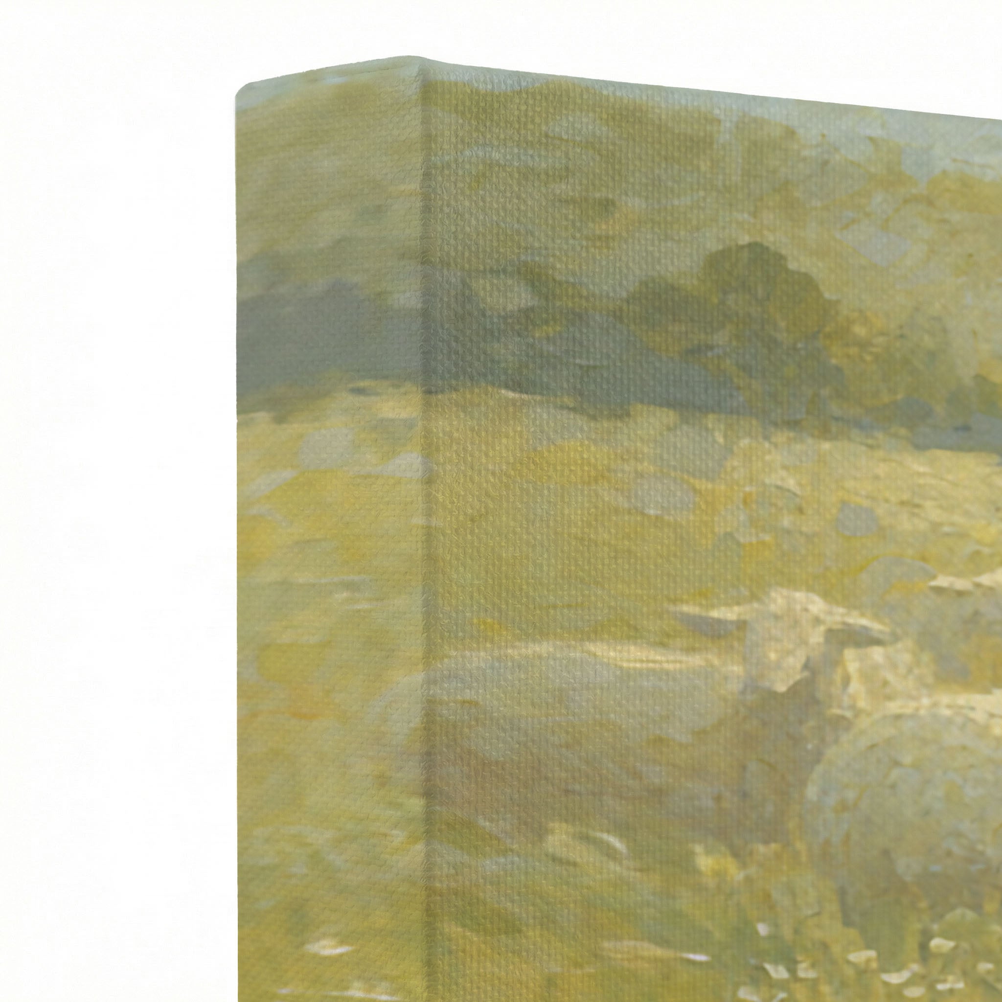 Close-up of gallery-wrapped canvas corner showing textured olive green and golden yellow meadow brushstroke detail