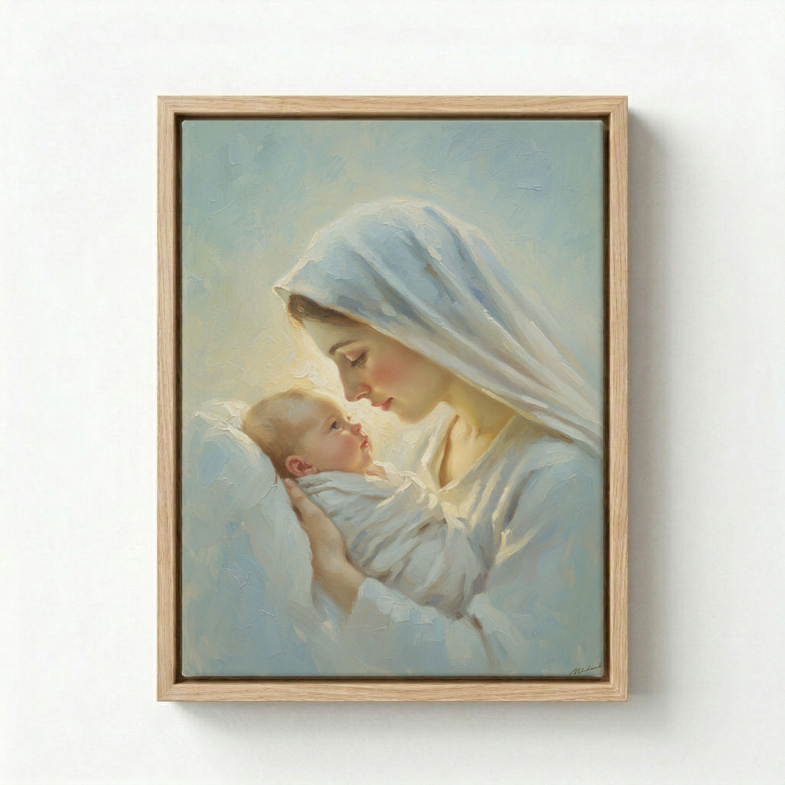 Gallery-wrapped canvas in natural wood floating frame with Virgin Mary holding Baby Jesus, soft oil painting style