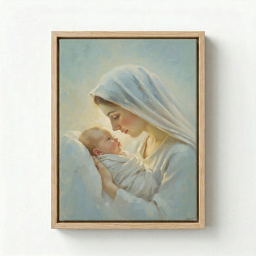 Gallery-wrapped canvas in natural wood floating frame with Virgin Mary holding Baby Jesus, soft oil painting style