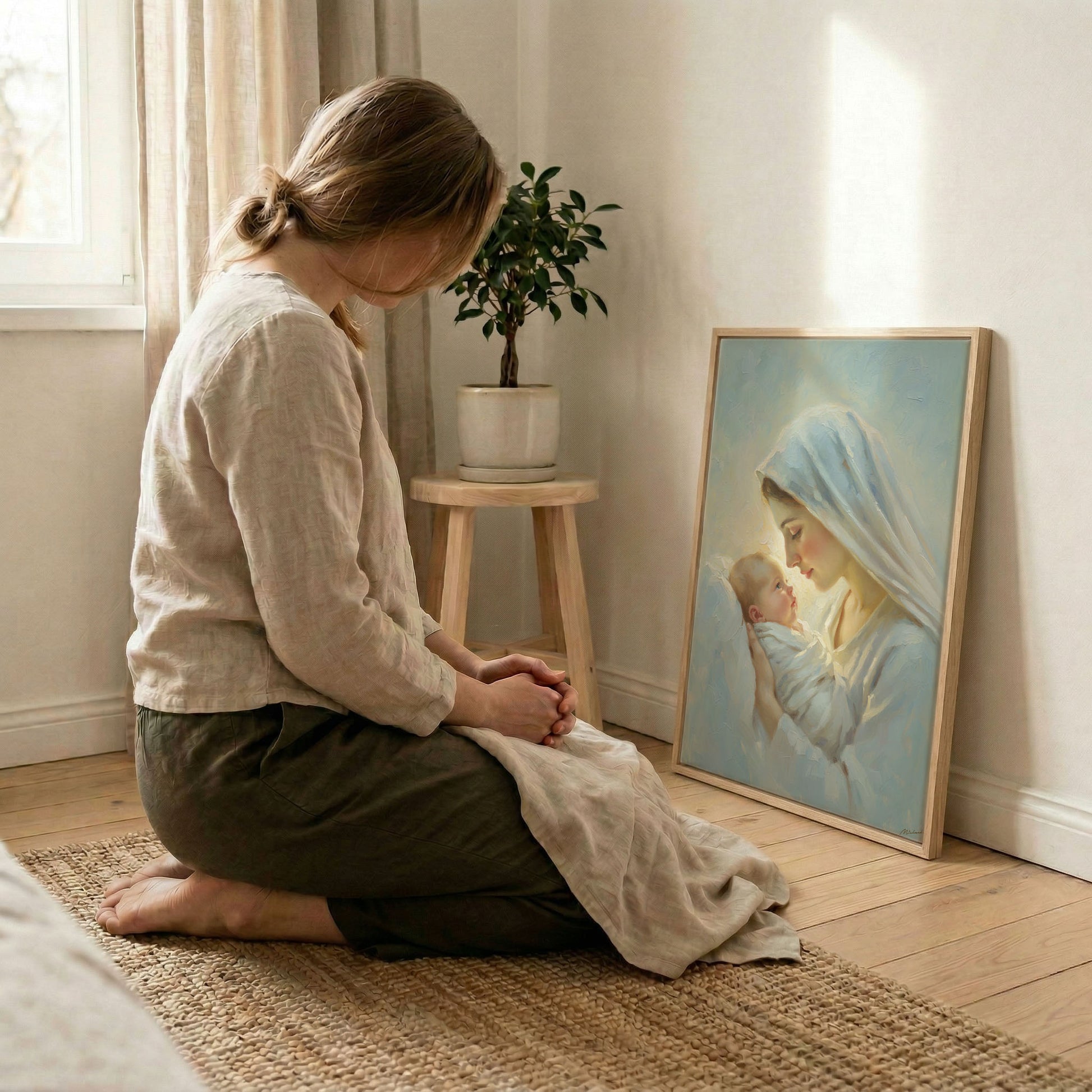 Woman kneeling in prayer beside Virgin Mary and Baby Jesus canvas print in wood frame, soft indoor natural light