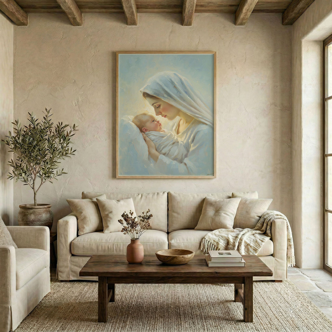 Gallery-wrapped canvas in natural wood floating frame with Virgin Mary holding Baby Jesus, soft oil painting style