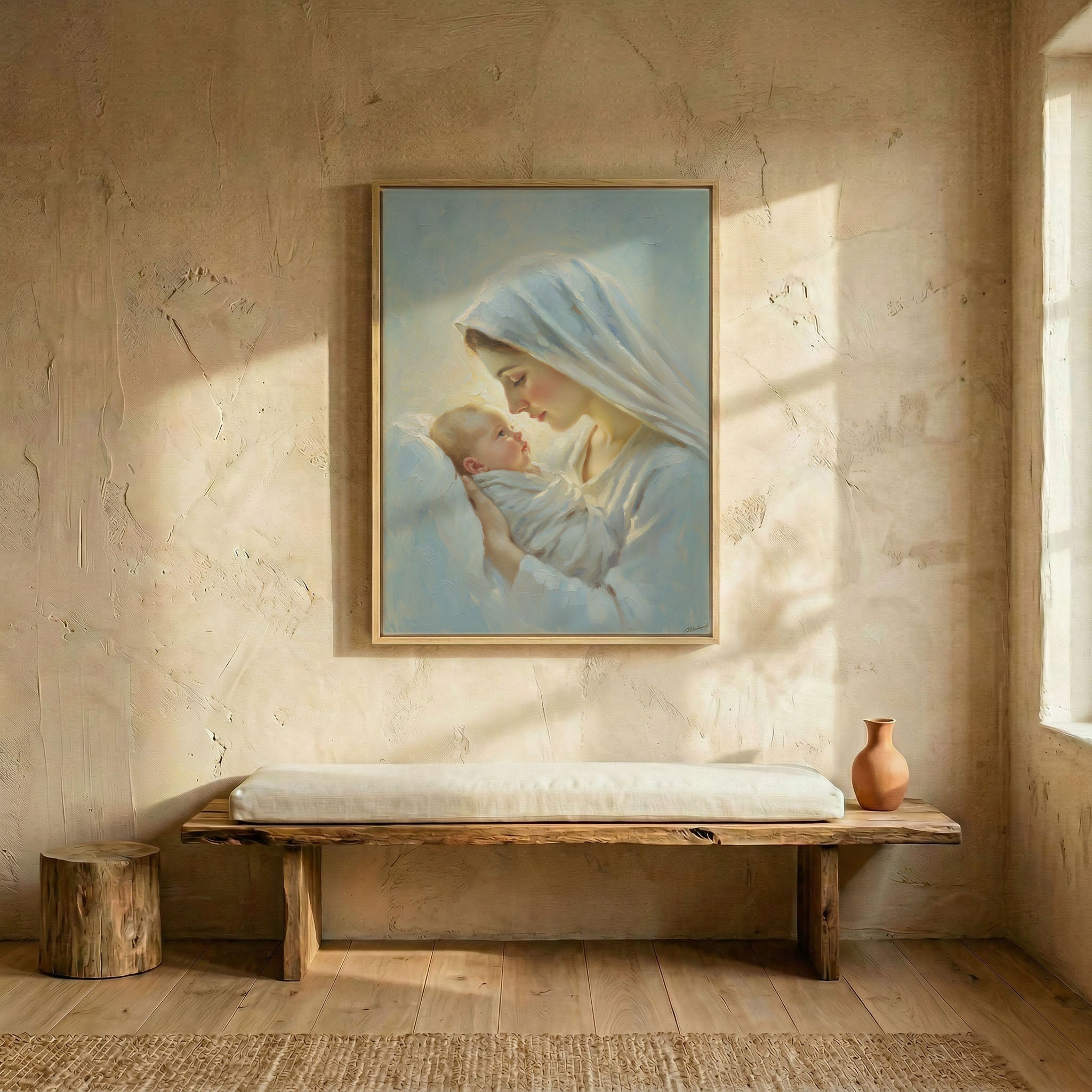 Madonna and Baby Jesus canvas wall art in wood frame above rustic wooden bench in sunlit minimalist entryway