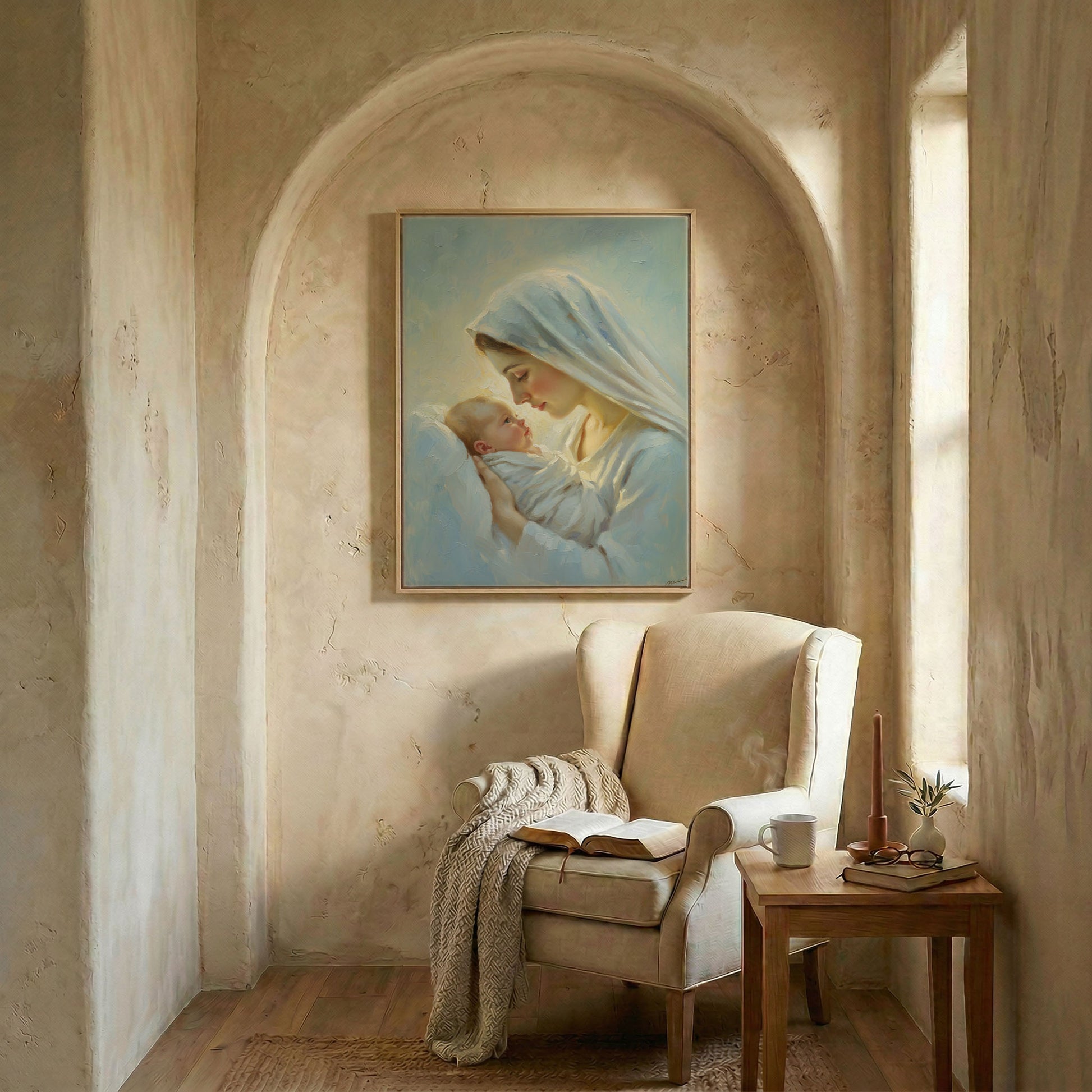 Religious Madonna canvas in wood frame displayed in arched alcove above wingback chair with open Bible and candle