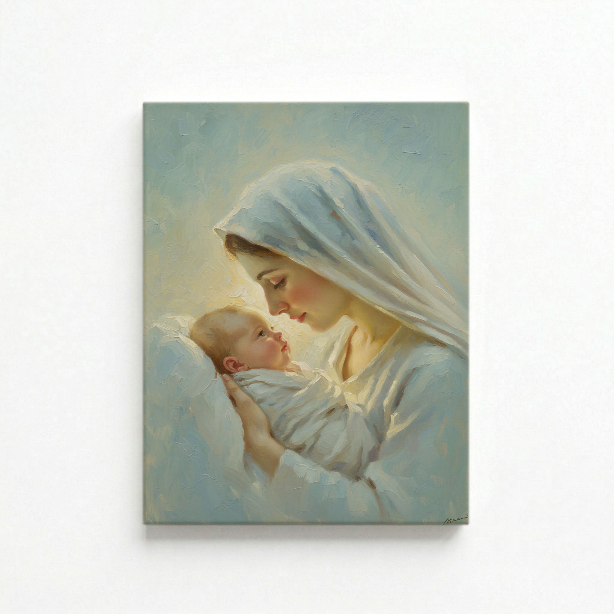 Gallery-wrapped canvas of Virgin Mary in blue robe cradling Baby Jesus, soft oil painting style on white background