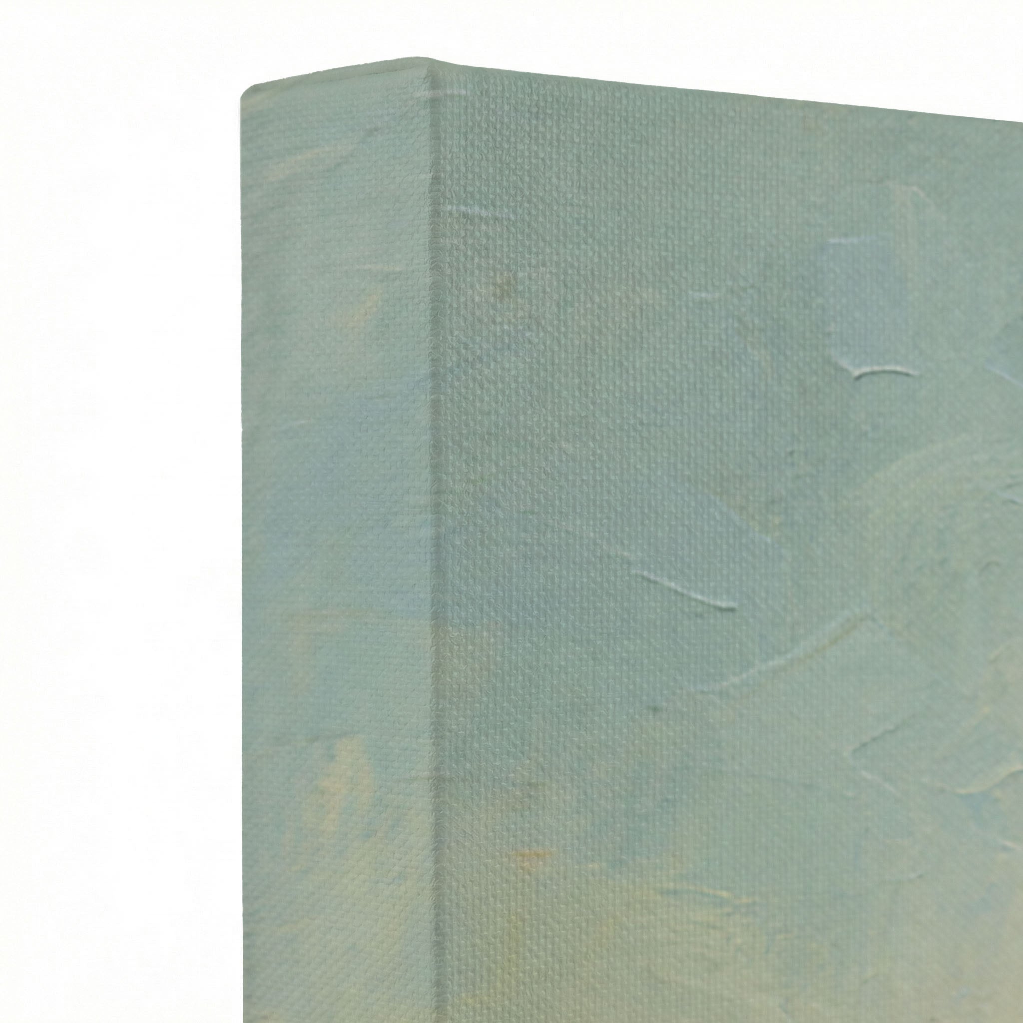Close-up of gallery-wrapped canvas corner showing textured sage blue brushstroke surface and wrapped edge detail