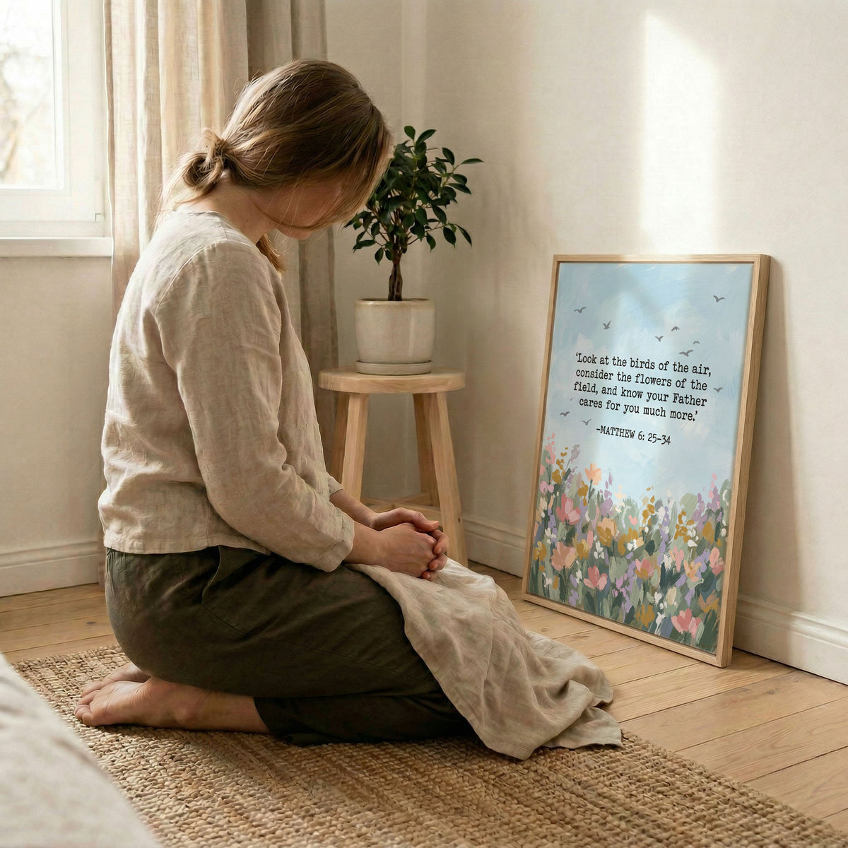 Woman kneeling in prayer beside Matthew 6:25-34 floral scripture print in natural wood frame, soft indoor light
