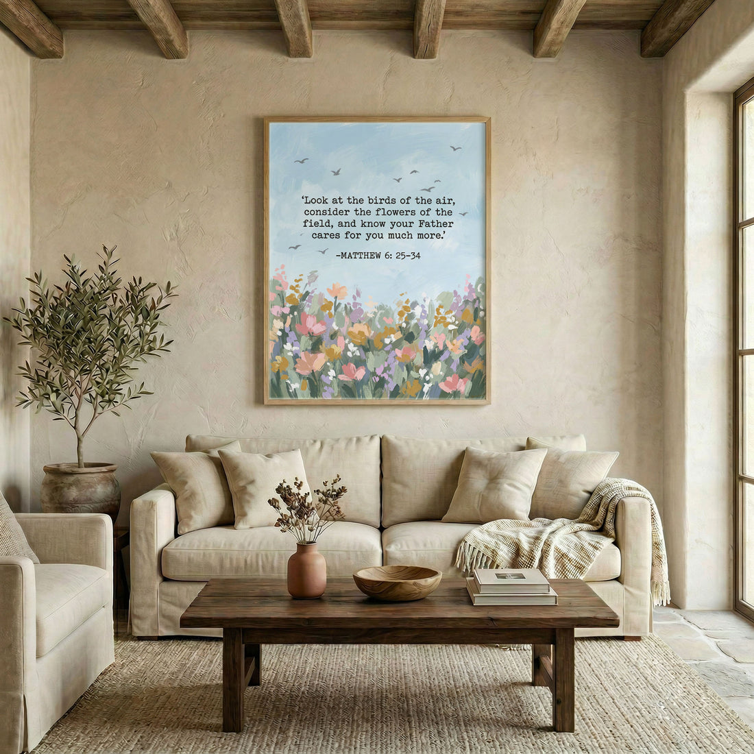 Gallery-wrapped canvas in natural wood floating frame featuring Matthew 6:25-34 floral wildflower scripture art