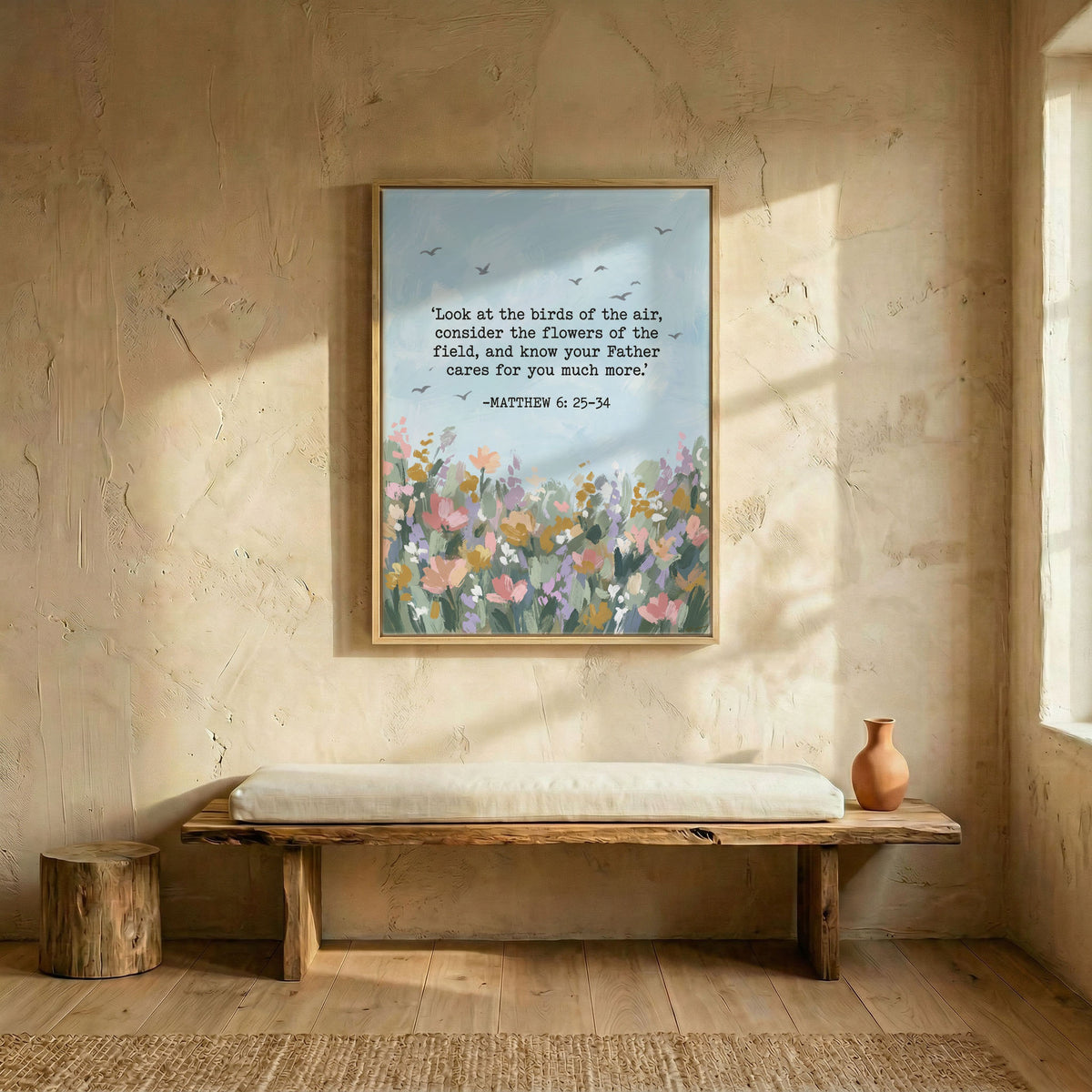 Matthew 6:25-34 floral Christian scripture print in wood frame above rustic wooden bench in minimalist entryway