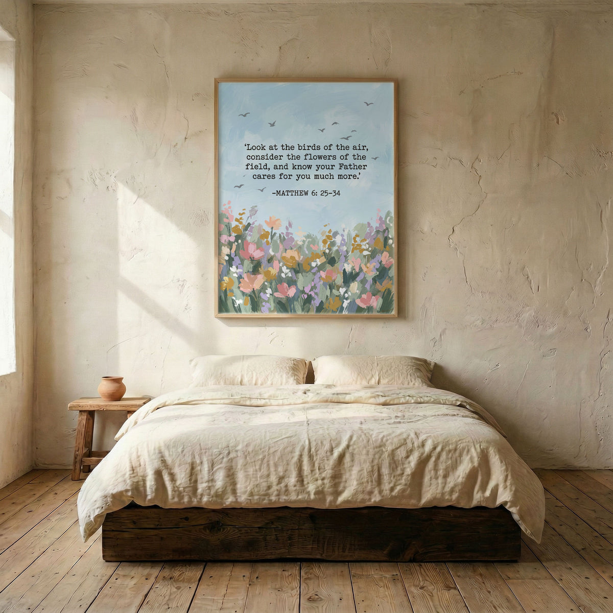 Matthew 6 floral scripture canvas print in wood frame mounted above linen bed in serene neutral bedroom