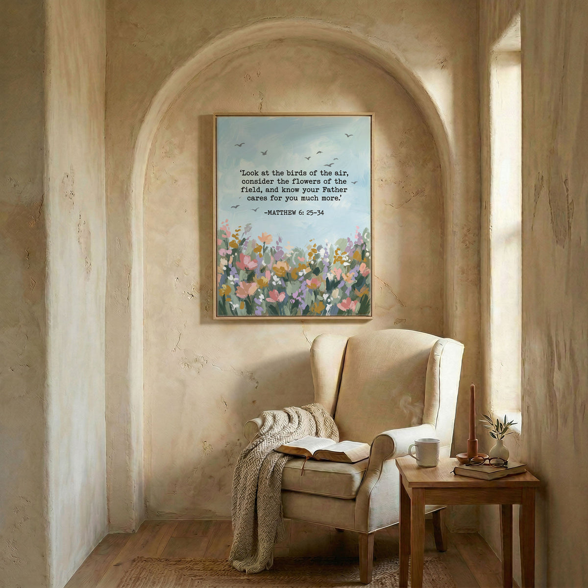 Christian scripture wall art in wood frame displayed in cozy reading nook alcove with armchair and open Bible
