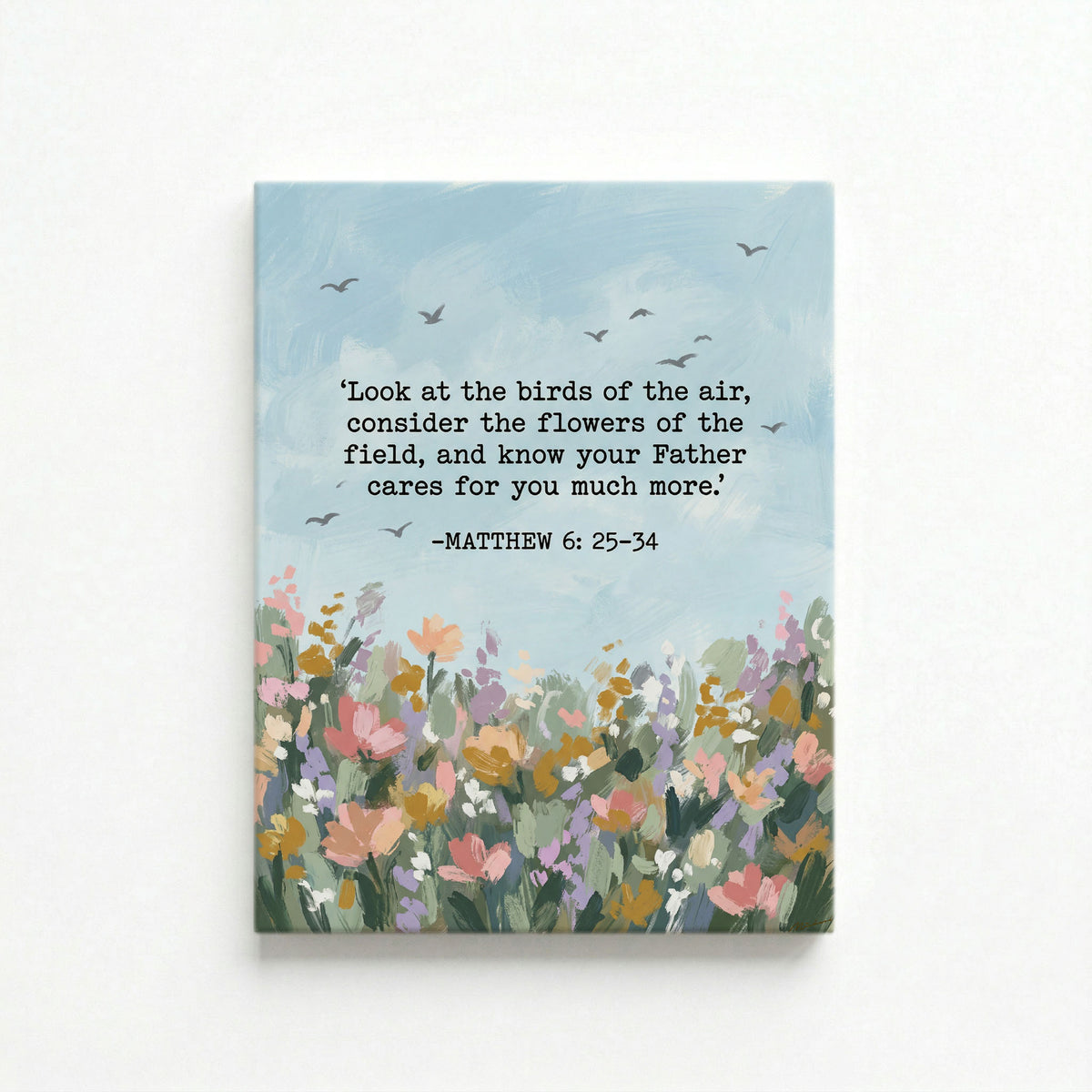 Gallery-wrapped canvas print with Matthew 6:25-34 wildflower meadow scripture design on white background